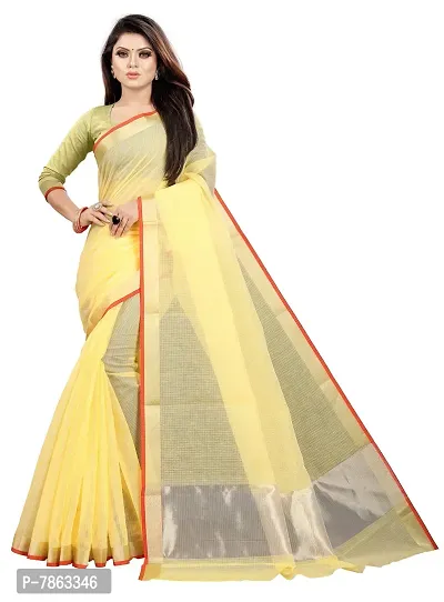 JS Clothing Mart Women's Manipuri Cotton Blend Saree With Blouse (Free Size_Yellow)