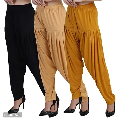 Casuals Women's Viscose Patiala/Patiyala Pants Combo Pack of 3(Dark Skin::Black::MUSTRAD)