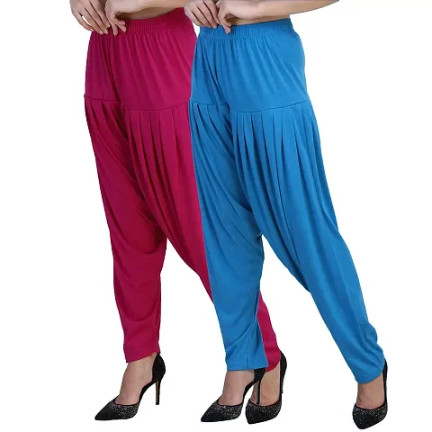 Casuals Women's Viscose Patiyala/Patiala Pants Combo 2(Deep Rani and Multi-Coloured)