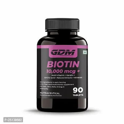 GDM Biotin 10000 mcg+ For Strong Hair Growth , Glowing Skin and Nails 90 Tablets (Pack of 1)-thumb0