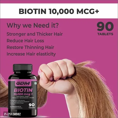 GDM Biotin 10000 mcg+ For Strong Hair Growth , Glowing Skin and Nails 90 Tablets (Pack of 1)-thumb2