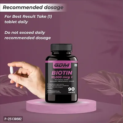 GDM Biotin 10000 mcg+ For Strong Hair Growth , Glowing Skin and Nails 90 Tablets (Pack of 1)-thumb5