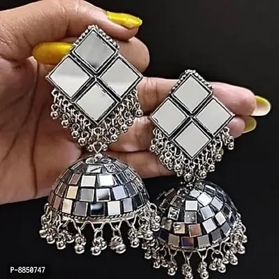 Fancy Oxidised Silver Mirror Jhumka Earring For Women