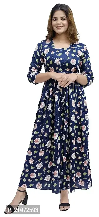 Kaliyan Women's Dark Blue Jaipuri Rayon Floral Print  Square Neck 3/4th Sleeve Maxi/Full Length  Gown-thumb0