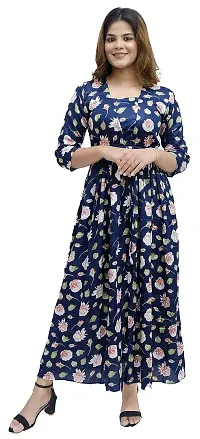 Kaliyan Women's Dark Blue Jaipuri Rayon Floral Print  Square Neck 3/4th Sleeve Maxi/Full Length  Gown