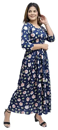 Kaliyan Women's Dark Blue Jaipuri Rayon Floral Print  Square Neck 3/4th Sleeve Maxi/Full Length  Gown-thumb1