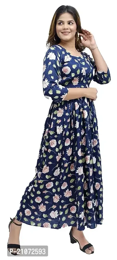 Kaliyan Women's Dark Blue Jaipuri Rayon Floral Print  Square Neck 3/4th Sleeve Maxi/Full Length  Gown-thumb2