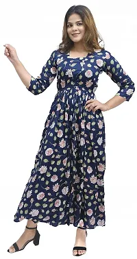 Kaliyan Women's Dark Blue Jaipuri Rayon Floral Print  Square Neck 3/4th Sleeve Maxi/Full Length  Gown-thumb3