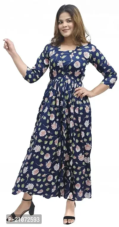 Kaliyan Women's Dark Blue Jaipuri Rayon Floral Print  Square Neck 3/4th Sleeve Maxi/Full Length  Gown-thumb4