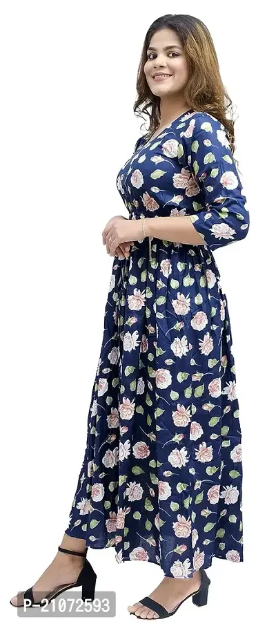 Kaliyan Women's Dark Blue Jaipuri Rayon Floral Print  Square Neck 3/4th Sleeve Maxi/Full Length  Gown-thumb3