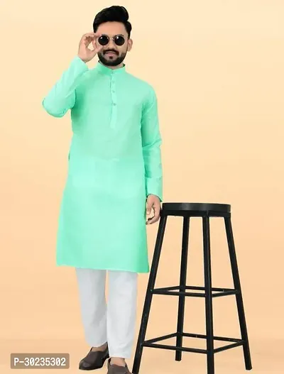 Reliable Turquoise Cotton Solid Kurta Pyjama Set For Men-thumb0