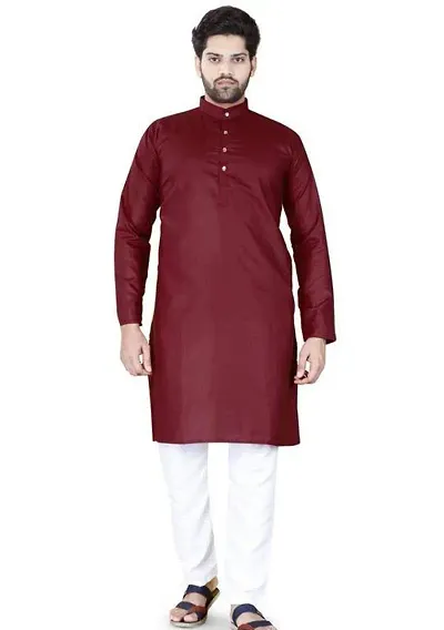 Aristada Men's Blend Full Sleeve Henley Neck Knee Length Solid Kurta-Comfortable and Versatile (Only Kurta)