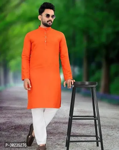 Reliable Orange Cotton Solid Kurta Pyjama Set For Men