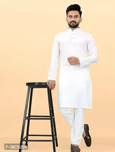 Reliable White Cotton Solid Kurta Pyjama Set For Men-thumb0