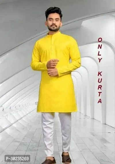 Reliable Yellow Cotton Solid Kurta For Men-thumb0