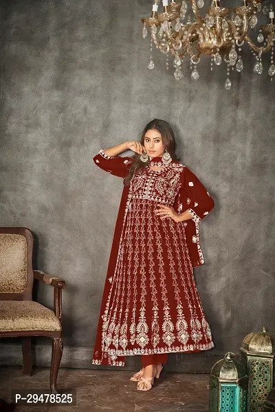 Elegant Maroon Net Embroidered Dress Material with Dupatta For Women-thumb0