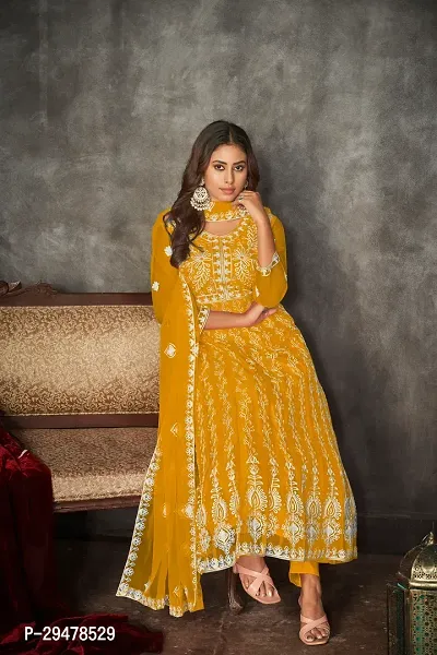 Elegant Mustard Net Embroidered Dress Material with Dupatta For Women-thumb2