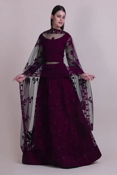 Stylish Purple Net Embroidered Lehenga Choli Set For Women