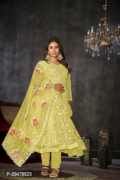 Elegant Yellow Net Embroidered Dress Material with Dupatta For Women-thumb2