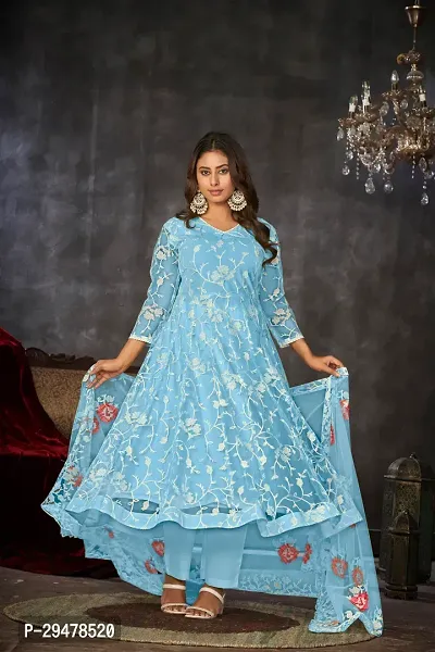 Elegant Blue Net Embroidered Dress Material with Dupatta For Women-thumb2