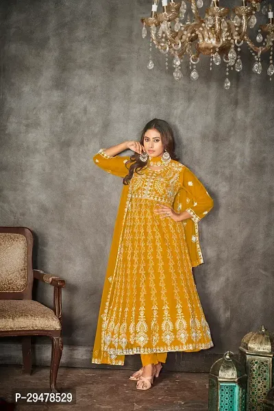 Elegant Mustard Net Embroidered Dress Material with Dupatta For Women-thumb0