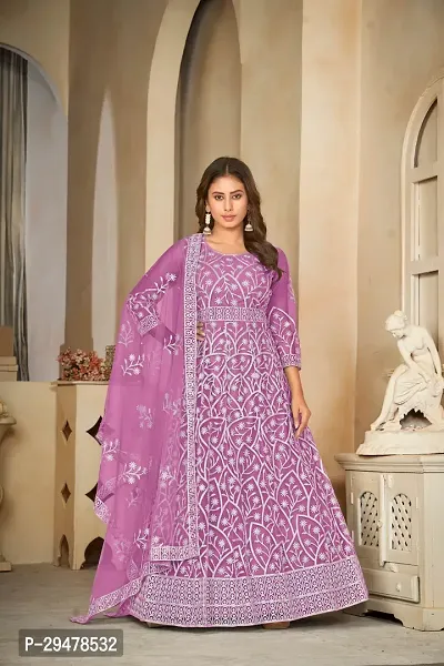 Elegant Purple Net Embroidered Dress Material with Dupatta For Women-thumb0