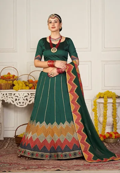 Stylish Green Taffeta Silk Embroidered Lehenga Choli Set For Women