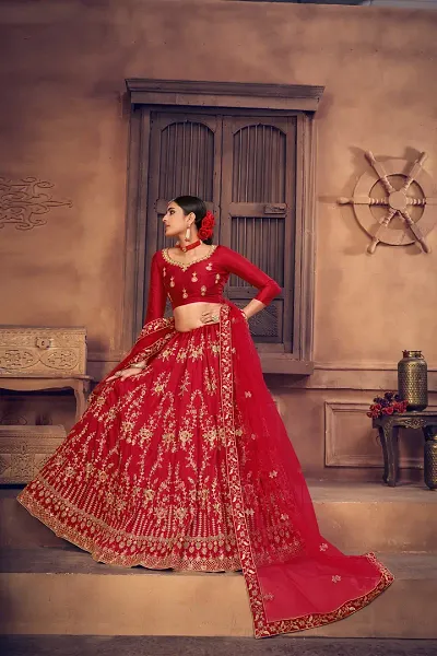 Red Net Embroidery Handwork Lehenga