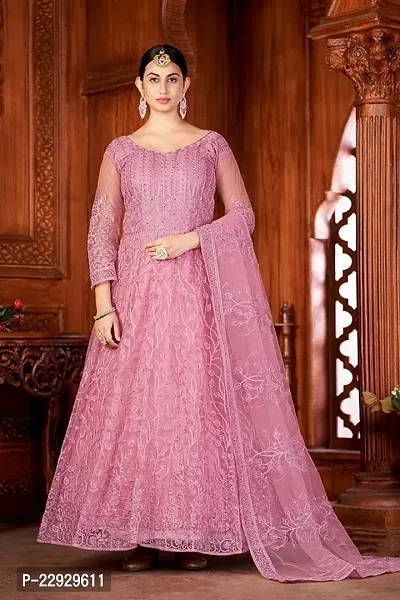 Dusty Pink Net Embroidery Anarkali Salwar Suit For Women