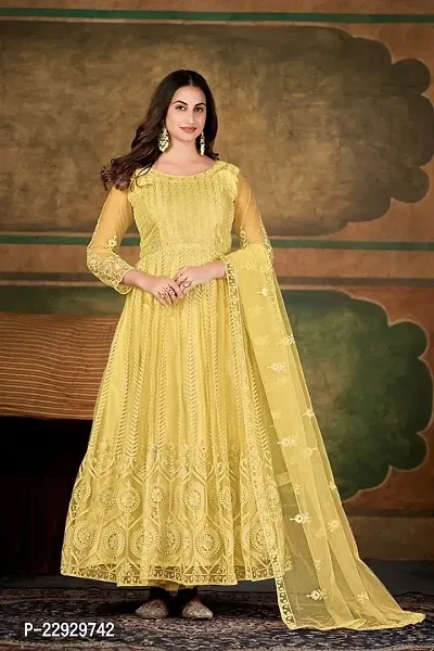 Yellow Net Embroidery Anarkali Salwar Suit For Women