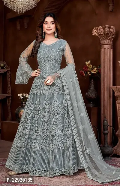 Grey Net Embroidery Anarkali Salwar Suit For Women-thumb0