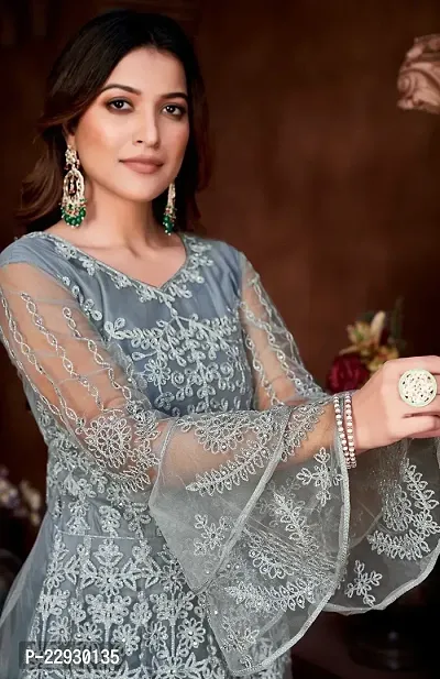 Grey Net Embroidery Anarkali Salwar Suit For Women-thumb4