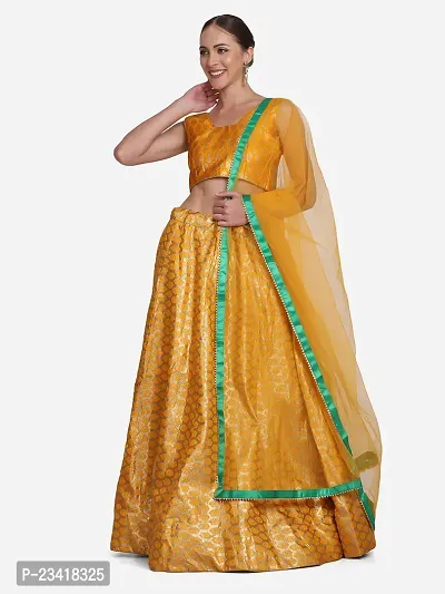 Yellow Banarasi Lehenga With Net Dupatta For Women-thumb0