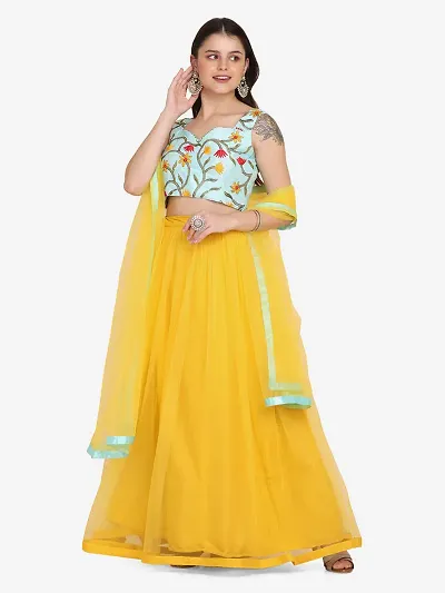 Yellow Net Lehenga with Lace Work For Women