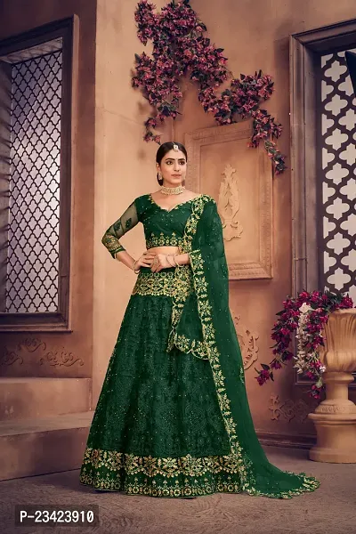 Bottle Green Colour Lehenga With Full Flare And Embroidery Work-thumb0