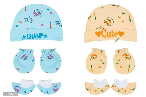 Totkart New Born Baby Caps, Mittens, Socks/Baby Cap Set 0 to 9 Months, Blue Orange-thumb0