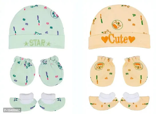 Totkart New Born Baby Caps, Mittens, Socks/Baby Cap Set 0 to 9 Months, Green Orange-thumb0