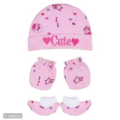Totkart Baby Cap Mittens Booties Combo Set in Soft Cotton Mittens for New Born Baby, Pink