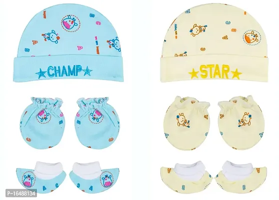 Totkart New Born Baby Caps, Mittens, Socks/Baby Cap Set 0 to 9 Months, Blue Lemon-thumb0