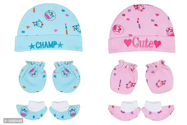 Totkart New Born Baby Caps, Mittens, Socks/Baby Cap Set 0 to 9 Months, Blue Pink