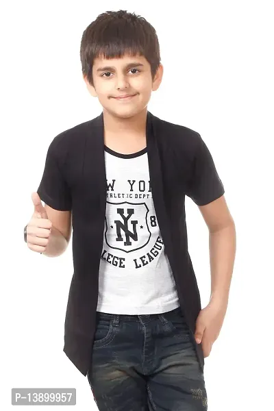 Boys Cotton half Sleeve white printed T-Shirt with attached black Jacket Shrug-thumb0
