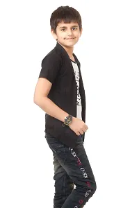 Boys Cotton half Sleeve white printed T-Shirt with attached black Jacket Shrug-thumb1