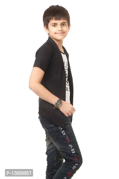 Boys Cotton half Sleeve white printed T-Shirt with attached black Jacket Shrug-thumb2