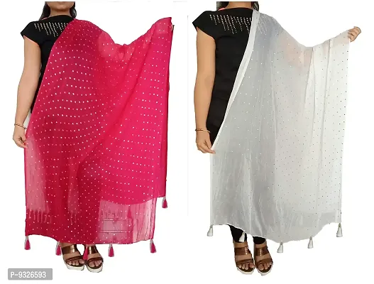 RED LADY Women's Chiffon Star Design Both Side Jhalar Drop Dupatta (Pink and White, Free Size)