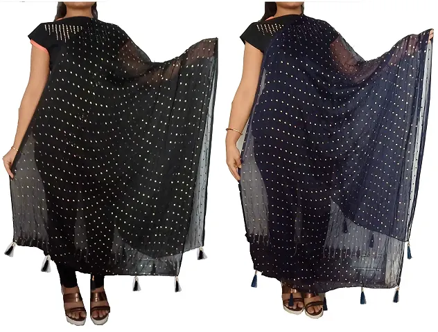 LADY Women's Chiffon Star Design Drop Dupatta with Jhalar Both Side (Black and Navy, Free Size)