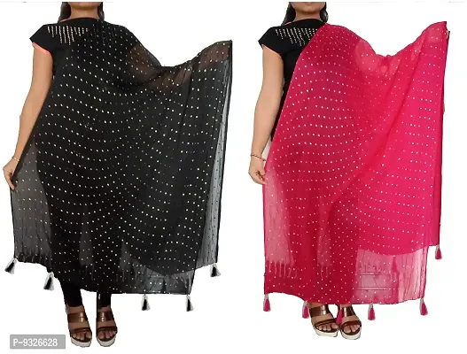 RED LADY Women's Chiffon Star Design Drop Dupatta with Jhalar Both Side (Black and Pink, Free Size)