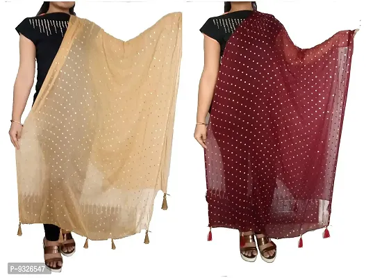 RED LADY Women's Chiffon Star Design Drop Dupatta with Jhalar (Chiku and Brown, Free Size)-thumb0