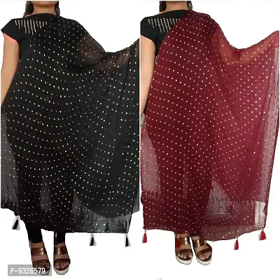 RED LADY Women's Chiffon Star Design New Drop Dupatta with Jhalar Both Side (Black and Brown, Free Size)