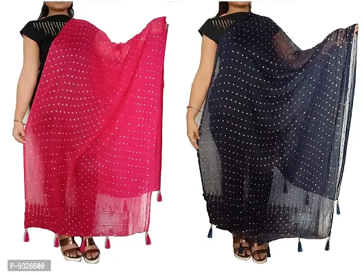 RED LADY Women's Chiffon Star Design Drop Dupatta with Jhalar in Both Side (Pink and Navy Blue, Free Size)