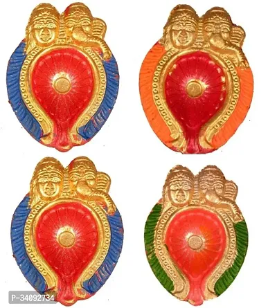 Handmade Earthen Clay Terracotta Decorative Tealight Oil Lamps Laxmi Ganesh Diya (Pack of 4) (Height 10 inch)